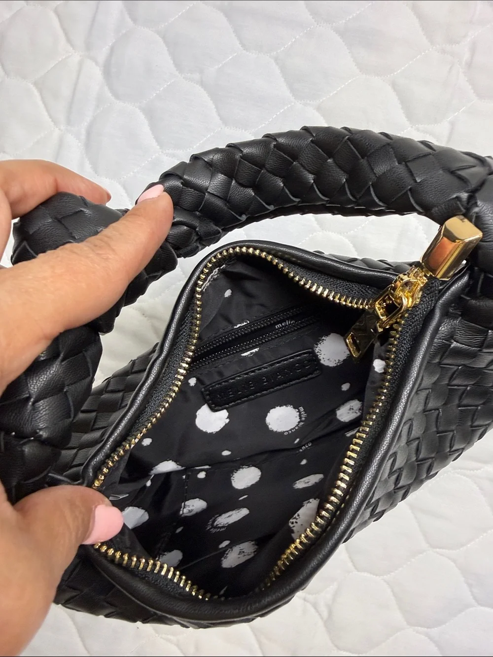 Melie Bianco Black Woven Knot-Handle Hobo